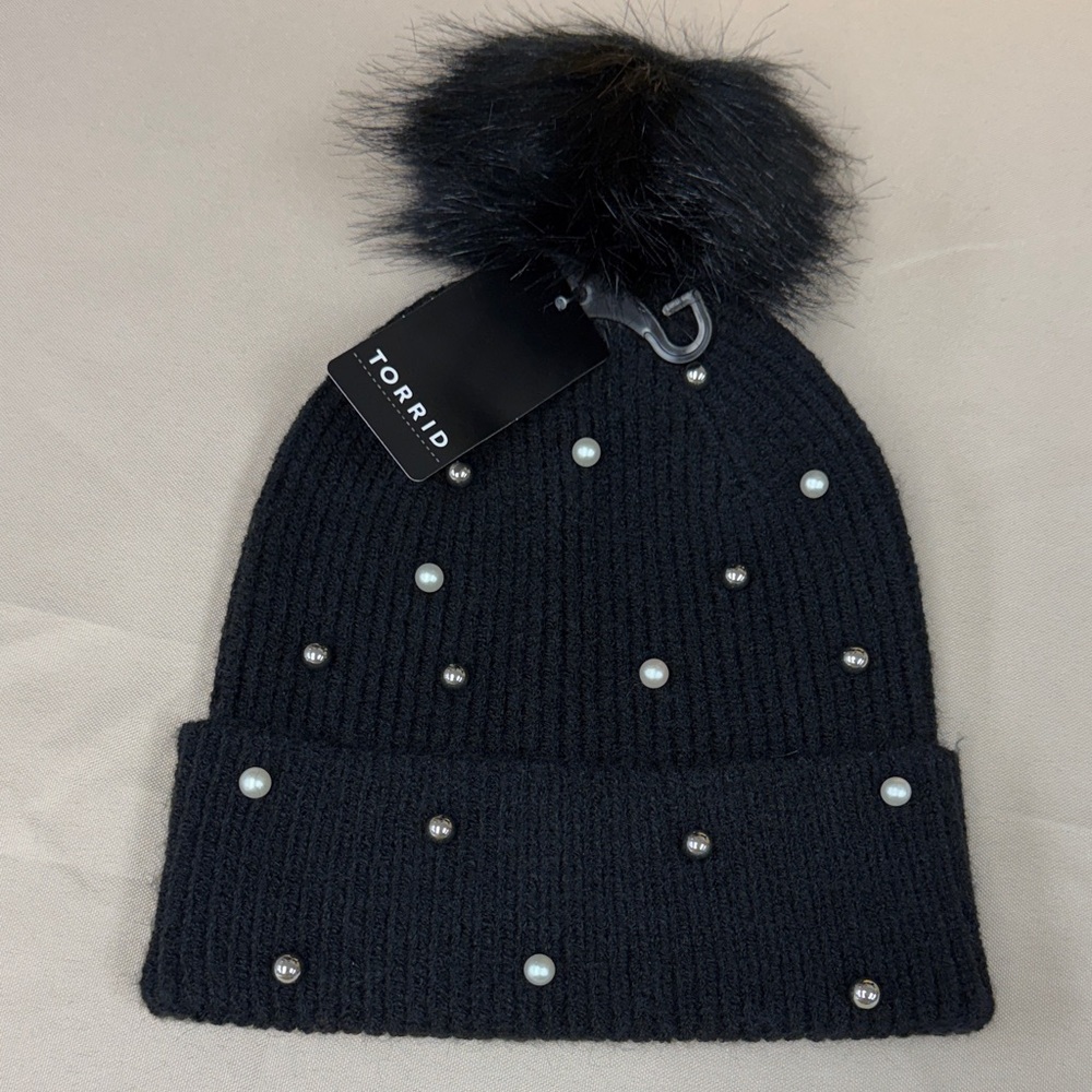 Torrid Black Knit Beanie with Faux Fur Pom and Pearl & Metallic Studs black hat